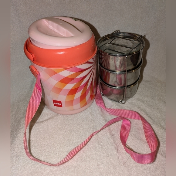 Cello Pink and Orange Insulated Lunch Carrier with Stainless Steel Containers - Picture 2 of 8